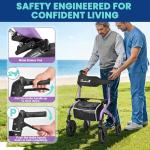 PLANET WALK Foldable Rollator Walker: 10" & 8" All-Terrain Wheels, 300lb Capacity, Treaded Rubber Tires, Breathable Seat & Backrest, Lightweight Mobility Aid for Seniors, Purple