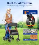 Matinal Foldable Rollator Walkers with Seat for Seniors, 350 lb Capacity, 8'' Big Wheels, 6-Position Height, Premium Hybrid Rolling Walker - Aluminum and Carbon Steel (RED)