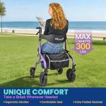 PLANET WALK Foldable Rollator Walker: 10" & 8" All-Terrain Wheels, 300lb Capacity, Treaded Rubber Tires, Breathable Seat & Backrest, Lightweight Mobility Aid for Seniors, Purple