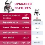 Matinal Foldable Rollator Walkers with Seat for Seniors, 350 lb Capacity, 8'' Big Wheels, 6-Position Height, Premium Hybrid Rolling Walker - Aluminum and Carbon Steel (RED)