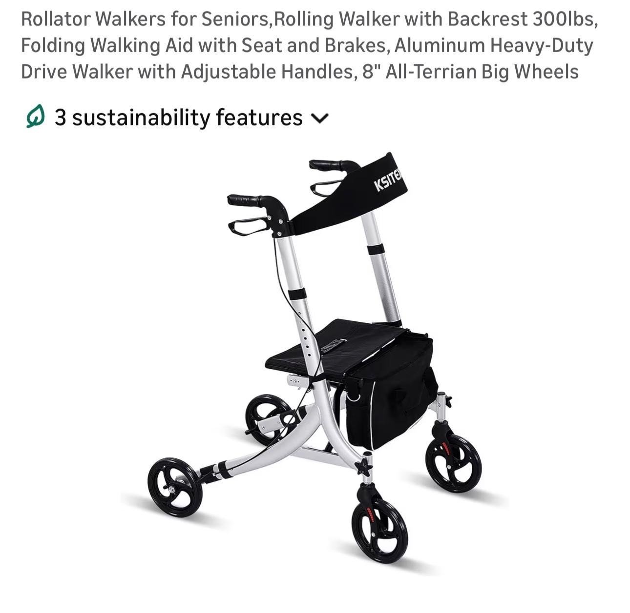 Rolling Walker with Backrest 300lbs, Folding Walking Aid with Seat and Brakes