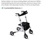 Rolling Walker with Backrest 300lbs, Folding Walking Aid with Seat and Brakes
