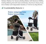 Rolling Walker with Backrest 300lbs, Folding Walking Aid with Seat and Brakes