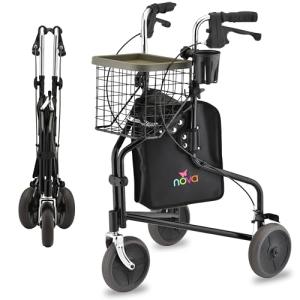 NOVA Traveler 3 Wheel Rollator Walker, All Terrain 8” Wheels, Includes Bag, Basket and Tray, Black