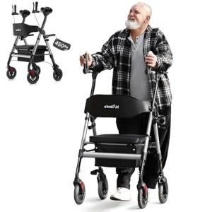 StrollAid Upright Walkers for Seniors, Stand Up Rollator Walker with Padded Seat and Backrest, Heavy Duty Forearm Rollator with Support Handrail, Holds up to 450 pounds, Compact Folding, Grey