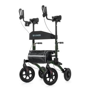 ELENKER All-Terrain Upright Rollator Walker, Stand up Rolling Walker with Seat, 12” Non-Pneumatic Tire Wheels, Compact Folding Design for Seniors, Green