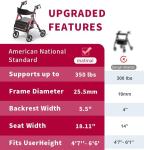 Foldable Rollator Walker with Seat - 350 lb Capacity, 8" Big Wheels, 6-Position Height, Premium Hybrid Rolling Walker - Aluminum and Carbon Steel (RED)