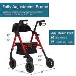 ELENKER All-Terrain Rollator Walker with 8” Non-Pneumatic Wheels, Sponge Padded Seat and Backrest, Fully Adjustment Frame for Seniors,Red