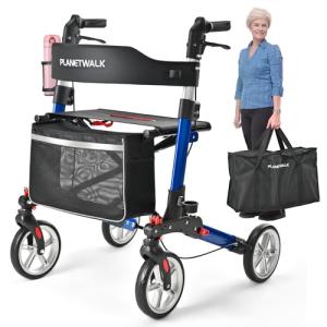 PLANET WALK Double Folding Rollator Walker for Seniors - Lightweight Aluminum Frame with 300 lb Capacity, 8" All-Terrain Wheels, 6-Level Adjustable Height Rolling Walker with Travel Bag - Blue