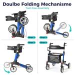 PLANET WALK Double Folding Rollator Walker for Seniors - Lightweight Aluminum Frame with 300 lb Capacity, 8" All-Terrain Wheels, 6-Level Adjustable Height Rolling Walker with Travel Bag - Blue