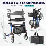 PLANET WALK Double Folding Rollator Walker for Seniors - Lightweight Aluminum Frame with 300 lb Capacity, 8" All-Terrain Wheels, 6-Level Adjustable Height Rolling Walker with Travel Bag - Blue