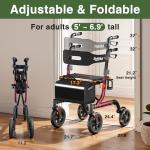 RollisRoll Walkers for Seniors with Seat, Foldable Rollator Walker, Reinforced Aluminum Frame, 10" Big Rubber Wheels for All Terrain, Built-in Cable, Lightweight Rolling Walker, Burgundy