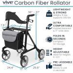 Vive Mobility Carbon Fiber Rollator with Seat - Lightweight Walker for Seniors - Stand Up Folding Mobility Aid - Durable, Foldable & Height Adjustable 4-Wheel Walker - Armrest & Storage Bag Accessory