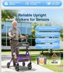 BlessReach Heavy Duty Upright Rollator Walker & Seat 450lb 8" All-Terrain Purple