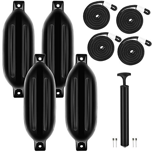 4 Vinyl Ribbed Boat Fenders with Inflator - Black