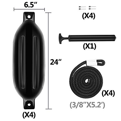 4 Vinyl Ribbed Boat Fenders with Inflator - Black