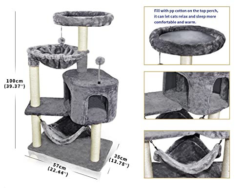 Modern Grey Cat Tree with Condo and Hammock