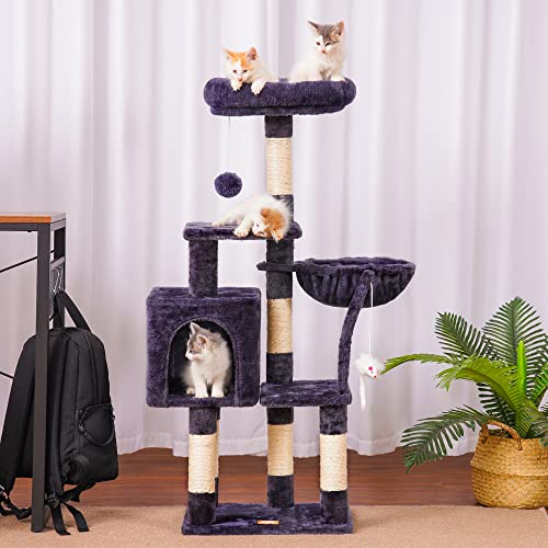 Smoky Gray Cat Tree with Hammock and Scratching Posts