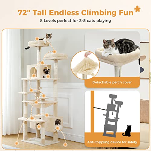 72" Cat Tree with Scratching Posts, Perches, Condo, Basket