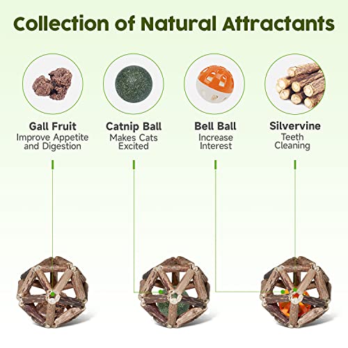 Potaroma Catnip Toys, 3Pcs Cat Toys Natural Silvervine Stick Cage Balls & Bell Ball