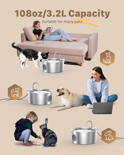 Stainless Steel Cat Water Fountain - 108oz/3.2L