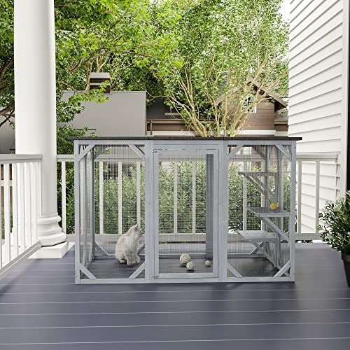 PawHut Outdoor Cat House, Catio Shelter, Platforms - Gray