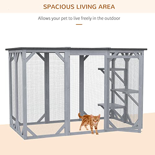 PawHut Outdoor Cat House, Catio Shelter, Platforms - Gray