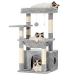 Heybly Cat Tree, Kitten Tower with Large Soft Cat Basket, Cat Condo with Spacious Cat Bed Cave with Hidden Space, Sisal-Covered Scratching Posts, Dangling Ball for Indoor Cats, Light Gray HCT008SW