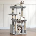 Heybly Cat Tree, Kitten Tower with Large Soft Cat Basket, Cat Condo with Spacious Cat Bed Cave with Hidden Space, Sisal-Covered Scratching Posts, Dangling Ball for Indoor Cats, Light Gray HCT008SW