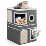 Shikha 2-Storey Cat Houses for Indoor Cats, Dual-Purpose Double Large Cat Beds Cave with Hideaway Condos, Scratch Pads, Fluffy Balls, Foldable Indoor Cat Cube House for Multi Small Pets Kitten, Grey