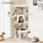 Globlazer Corner Cat Tree, 51in Curved Series Modern Cat Tower for Indoor Cats with Hammock, 7 Sisal Scratching Posts, Large Fan-Shaped Platform for Large Cats, Cat Condo & Hanging Basket, C51, Beige​
