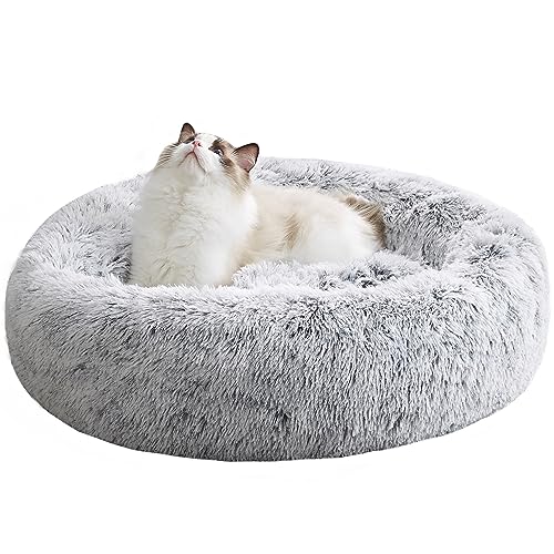 Faux Fur Calming Cat Bed for Indoor Pets (20", Light Grey)
