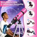Telescope for Adults High Powered, 80mm Aperture 600mm Telescopes for Astronomy Adults&Kids&Beginners, Portable Travel Refractor Telescope with Tripod&Phone Adapter&Bag for Ground&Moon Viewing, Pink
