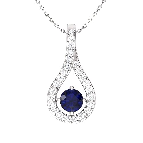 Blue Sapphire and Diamond Drop Necklace in White Gold