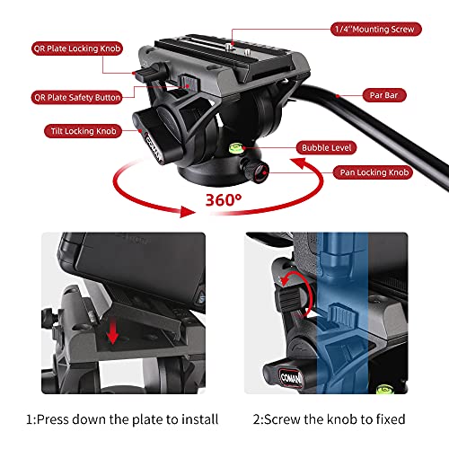 COMAN Fluid Head Tripod: 70.8 inch, Camera Monopod