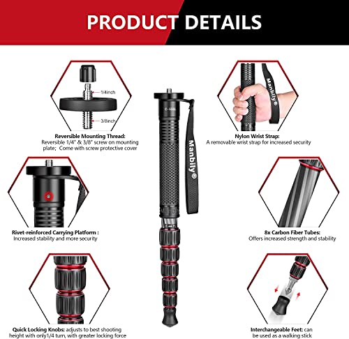 Compact Carbon Fiber Camera Monopod with Walking Stick Handle