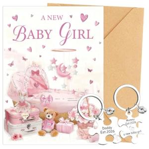 Welcome Baby Girl Card with Keyring Gift