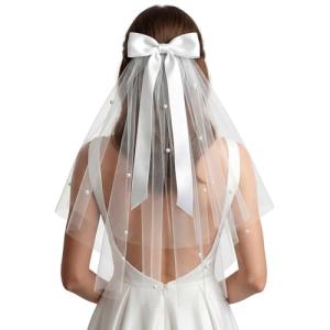 Short White Bachelorette Veil with Bow & Pearls