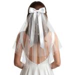 Short White Bachelorette Veil with Bow & Pearls