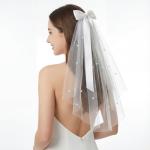Short White Bachelorette Veil with Bow & Pearls
