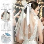 Short White Bachelorette Veil with Bow & Pearls