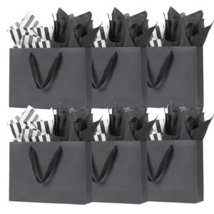 12'' Black Gift Bags with Tissue Paper, 6-Pack