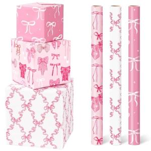 Pink Bow Wrapping Paper Roll - 3 Pack