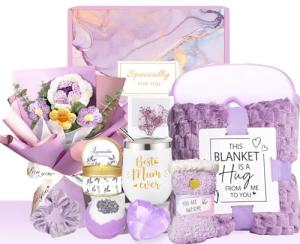 Spa Gift Set with Lavender Blanket and Flowers