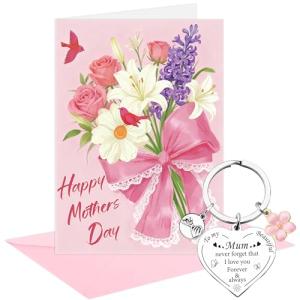 Floral Mother's Day Card and Heart Keychain Set