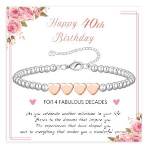 40th Birthday Silver Bead Bracelet with Heart