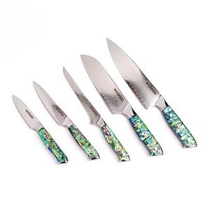 Awabi Damascus Chef Knife Set with Abalone Handles