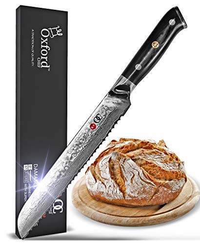 Japanese VG10 Damascus Bread Knife: 8" Serrated, High-Carbon