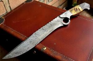 Damascus Steel Bowie Knife with Lamb Horn Handle