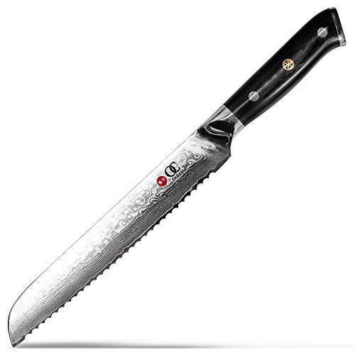 Japanese VG10 Damascus Bread Knife: 8" Serrated, High-Carbon